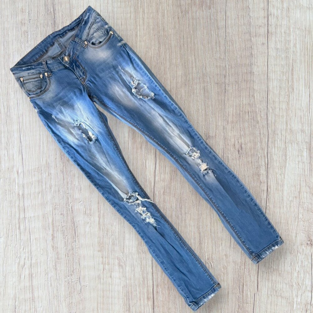 REDMOND Distressed SKULL Embellished Goth Grunge Light Wash Skinny Denim Jeans
